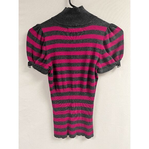 Express Womens Puff Sleeve Gray Pink Stripe Knit Rayon Blend Mock Neck sweater T - Picture 4 of 5